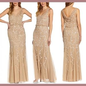 NWT $329‎ Adrianna Papell [ 14 ] Embellished Cowl-Back Gown in Champagne